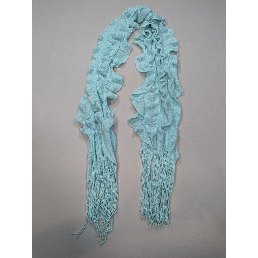 Aqua Blue Ruffle Knit Scarf Long Fringe Lightweight Boho Statement Scarf